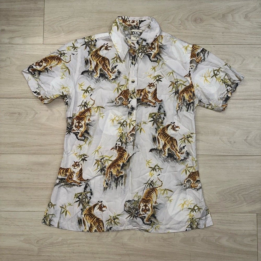 VTG Go Barefoot Women's Pullover Hawaiian Shirt Size XS Islands Palms Tigers USA